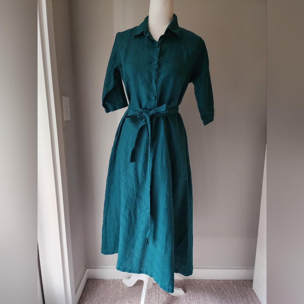 100% Linen Teal Midi Dress 1950s